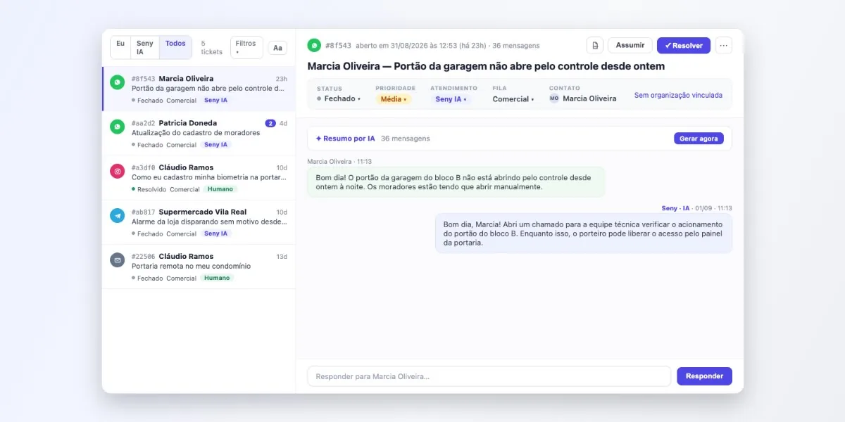 GoSeny - Tela de atendimento com resumo por IA e histórico de conversa