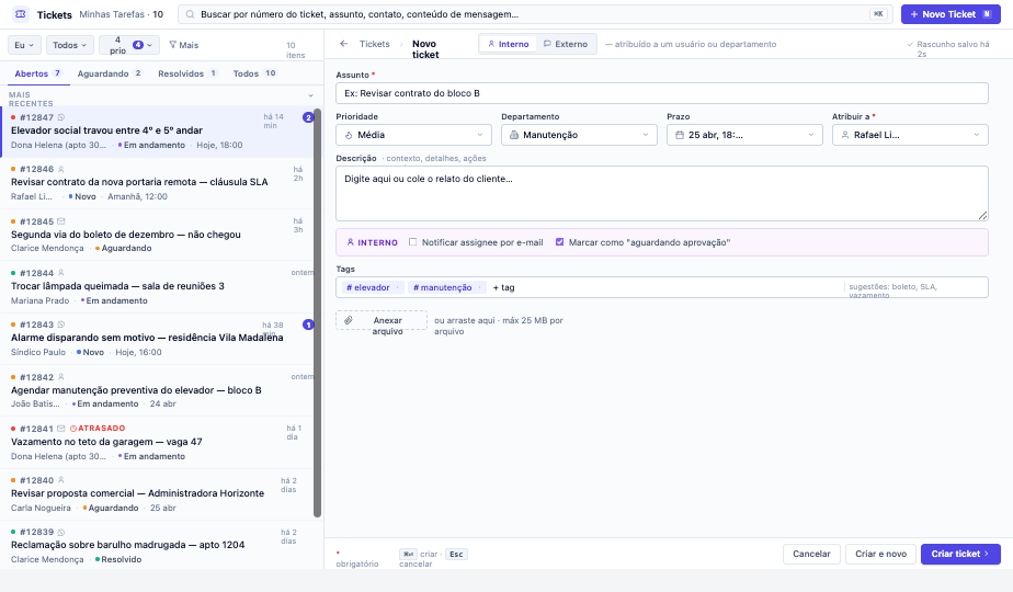 GoSeny — Tela de criação de ticket interno para equipes